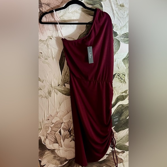 Lulu's Burgundy Asymmetrical Ruched One-Shoulder Dress - Picture 8 of 9